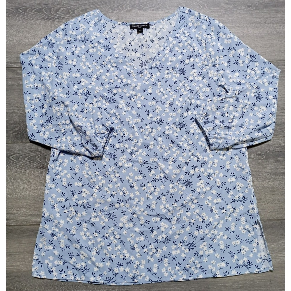 Mario Serrani Blouse Womens Medium Blue Floral V-Neck 3/4 Sleeve Top 1672894